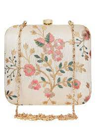 Anekaant Beige Embroidered Clutch for Women  (Faux Silk Material, Dimension 16x16x4 cm H x W x D, Square Box Clutch)