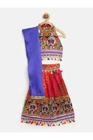 BownBee Ready to Wear Lehenga & Blouse with Dupatta for Girls  (Cotton, Red & Blue Embroidered Mirror Work, round neck, short sleeves, tie-up closure on the back, Dry clean only)