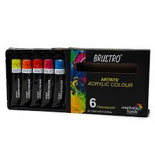 Brustro Artists Acrylic Colour  (Pack of 6 x 12ml Fluorescent Colours, Yellow, Green, Blue, Orange, Red and Pink, Water based, Non-toxic and Dries quickly)