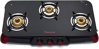 Butterfly Signature Glass Top Gas Stove   (3 Burner, Manual Ignition, Flame retardant front panel, Heat Resistant Reinforced Polymer Legs )