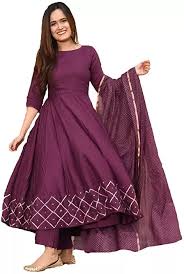 GoSriKi  Rayon Anarkali Kurta  (KUMT Dress Magenta, Gold Printed Rayon Flared Kurta with Dupatta Set)