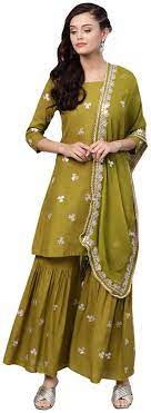 Ishin A-Line Kurta Sharara Dupatta Set for Women  (Rayon Green Embellished, Ready to wear, Party, Traditional, Festive, Wedding, Ethnic, or Casual Wear )