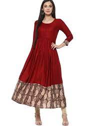 Ives Solid Flared Kurta Maroon  (Anarkali, Viscose Rayon Material, Floral Pattern, 3/4 Sleeve, U Neck, Machine wash)