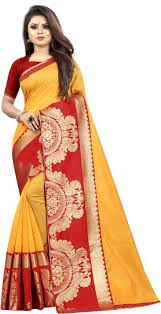 Jinal & Jinal Polycotton Dharmavaram Saree  (Yellow Self Design, Party & Festive, Wedding & Festive, Casual, Wedding wear, 5.5m Saree length, 0.8m Blouse Piece Length)