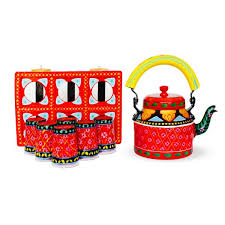 Kanha International Handicraft Decorative Tea Coffee Kettle Set  (with 6 Glasses & Glass Holder, Kettle capacity 1 Litre, Glass serving 90ml, Indian traditional art hand-painted by the artist)