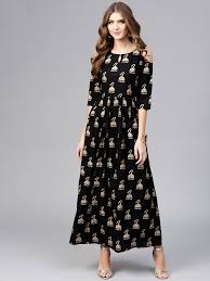 Libas Women Maxi Dress (Black & Golden Block Print)
