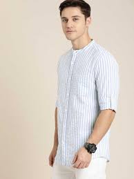 Moda Rapido Blue & White Striped Casual Shirt for Men  (Slim Fit,  Full Sleeve, Cotton, Mandarin Collar, curved hem, 1 patch pocket, Machine wash as per tag)