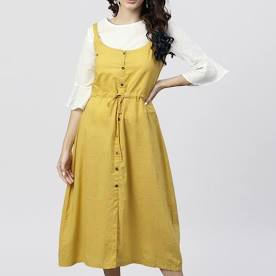 Nayo Mustard Yellow & White Solid A-Line Dress for Women  (Regular Fit, Cotton blend fabric, Flared Sleeve, Hand wash only)