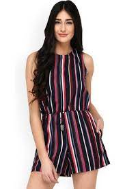 Purys Sleeveless Short Jumpsuit for Women (Polyester Material, Navy Blue & Coral Striped Playsuit, Zippered Back Closure, Two Pockets, Machine Wash)