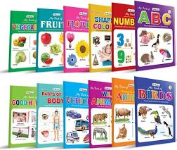 E C Axus Early Learning Picture Books  (Set of 12 for Kids, Pre-school learning- Learn English Alphabets, Numbers, Name of Fruits, Flowers, Animals, Birds, Parts of Body, Shapes, Colours and Good Habits Make pre-school )
