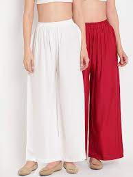 TAG 7 White & Red Solid Flared Palazzos for Women (Set of 2 pieces, Opaque, Slip-on closure, Waistband Elasticated, Viscose Rayon Fabric, Hand Wash, Wash dark colors separately)