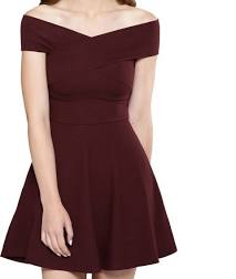 Veni Vidi Vici Maroon Solid Bardot Fit and Flare Dress for Women  (95% polyester and 5% elastane, Above Knee length, Short Sleeves, Off-shoulder styling, Short sleeves, Flared hem)