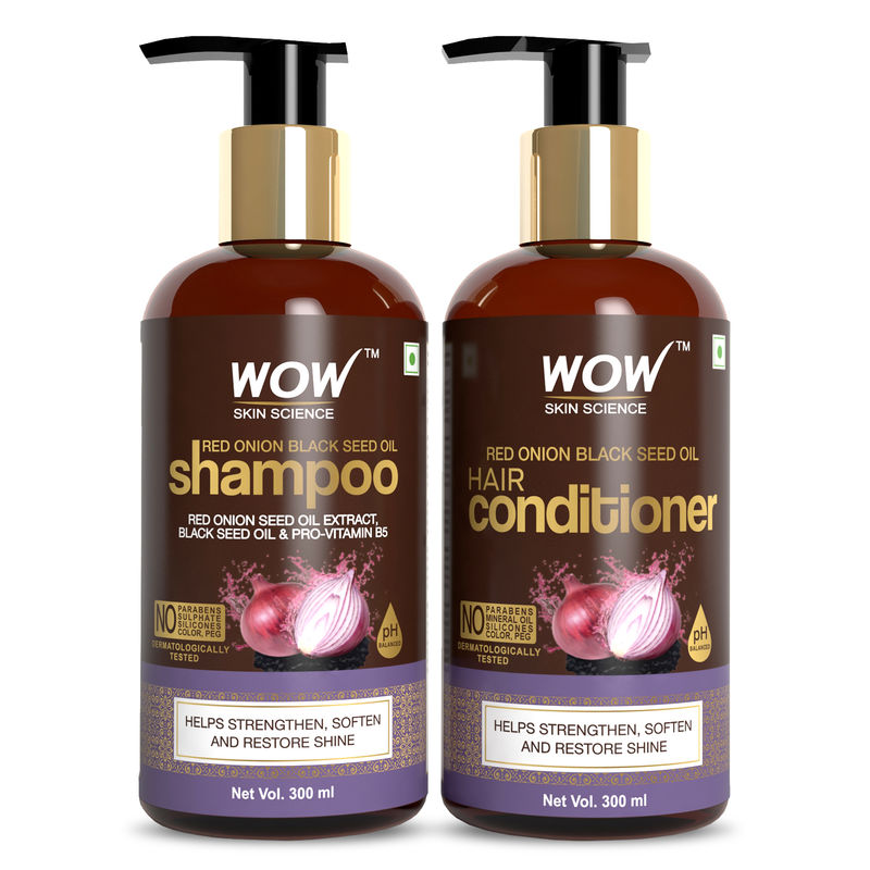 WOW Skin Science Red Onion Black Seed Oil Shampoo plus Conditioner (Kit contains 300ml each, helps to improve hair texture and strengthen the strands)